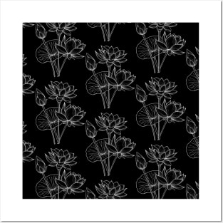 Lotus Blossom Line Art Black Background Pattern Posters and Art